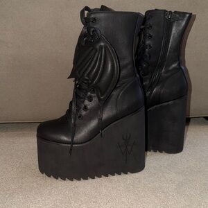 Gothic Black Platform Boots with Bat Wing Detail